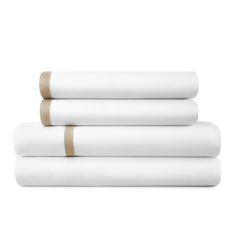 Ensemble de draps Jimmy B - Bordure bordée | Percale de coton 200TC, Ensemble de draps pour grand lit, Blanc / trench