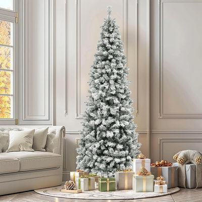 Arbre de Noël enneigé 7,5 pi avec lumières, arbre de Noël à charnière mince avec télécommande, sapin Kingswood avec 1000 pointes et 350 lumières
