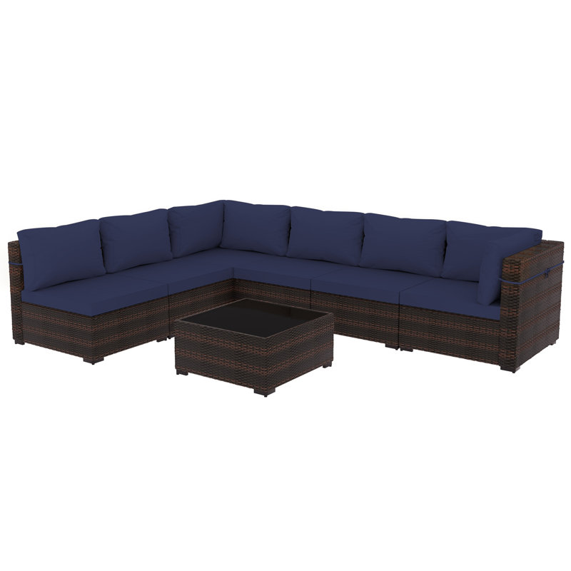 7-piece wicker patio conversation sets with cushions, Navy Blue, 7 Pcs, Brown