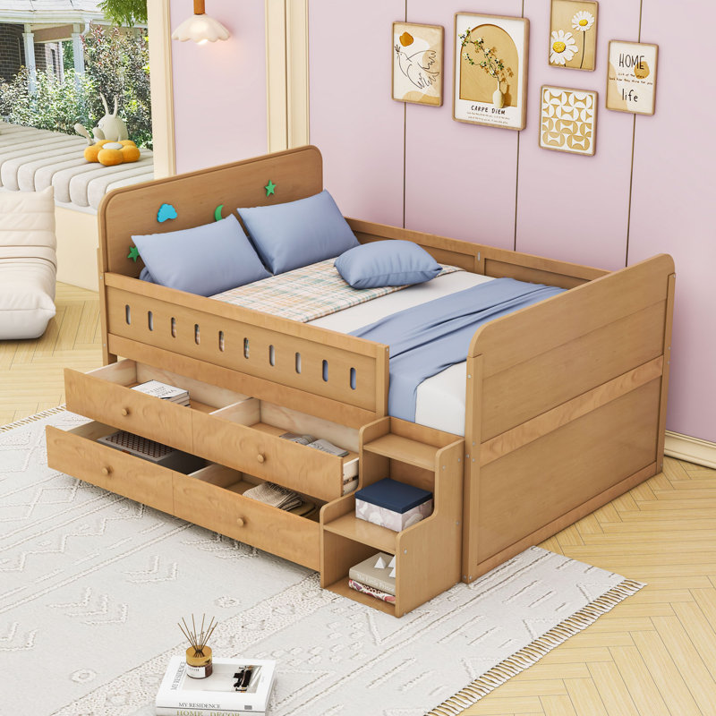 Full-Size Wooden Bed With Built-In LED Lighting And Ample Storage Drawers, Wood