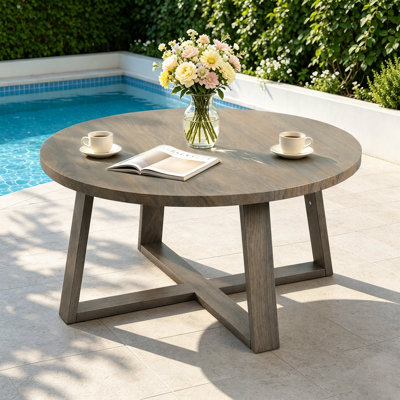 Table basse d'extérieur ronde avec plateau à finition grain de bois 35,5 po