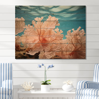 «Peach Coral Expression» - art mural bois de corail sous l'eau sur bois de pin naturel