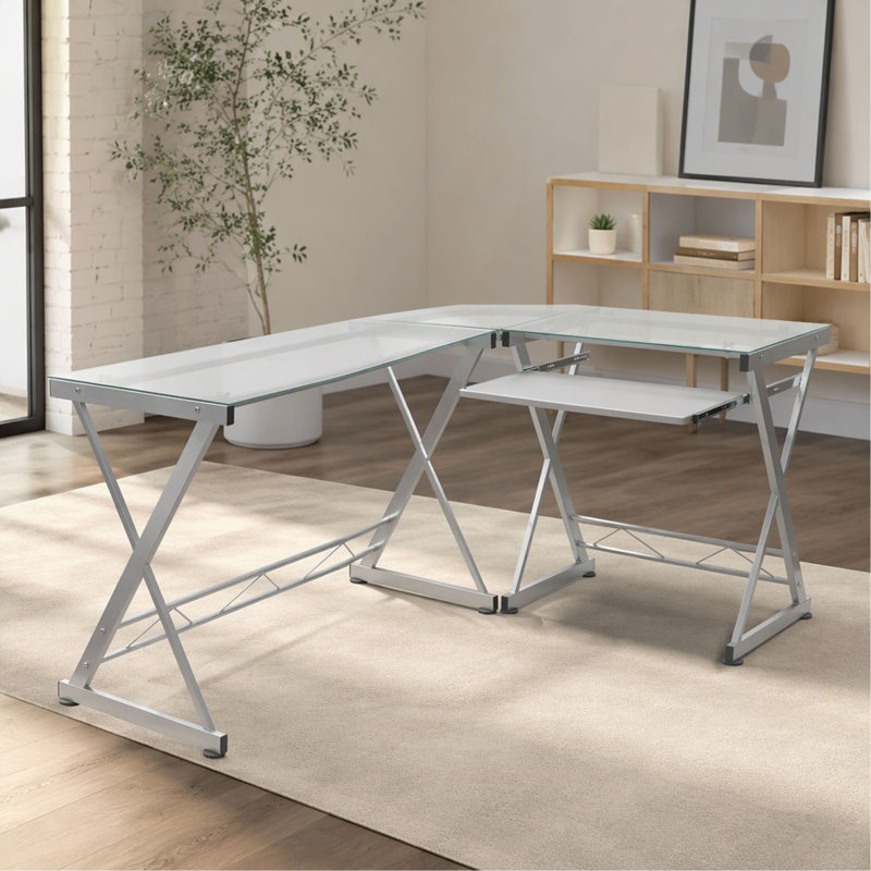 Bureau d'ordinateur en forme de L avec plateau en verre trempé et panneau coulissant pour clavier,