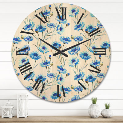 Horloge murale en bois Cornflowers with Leaves II