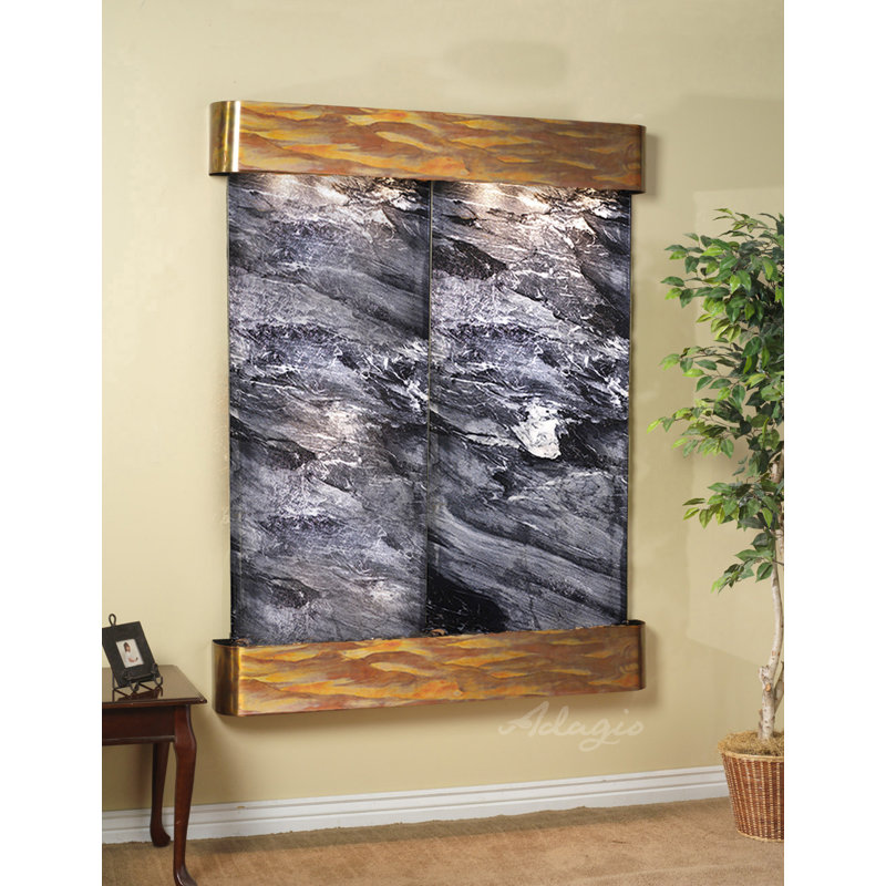 Majestic River Natural Stone Fountain with Light, Black Spider Marble, Rustic Copper