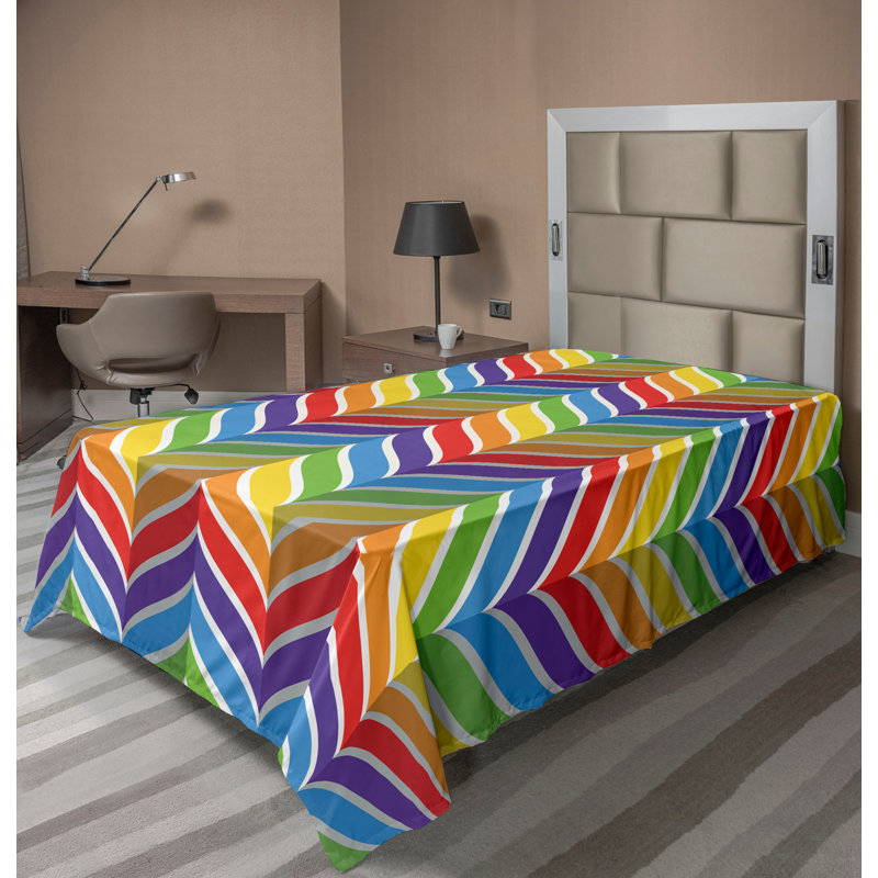 Drap plat moderne de style bohème Ambesonne, Drap plat pour lit simple TG, Orange foncé / motif de chevron / zigzag vert lim
