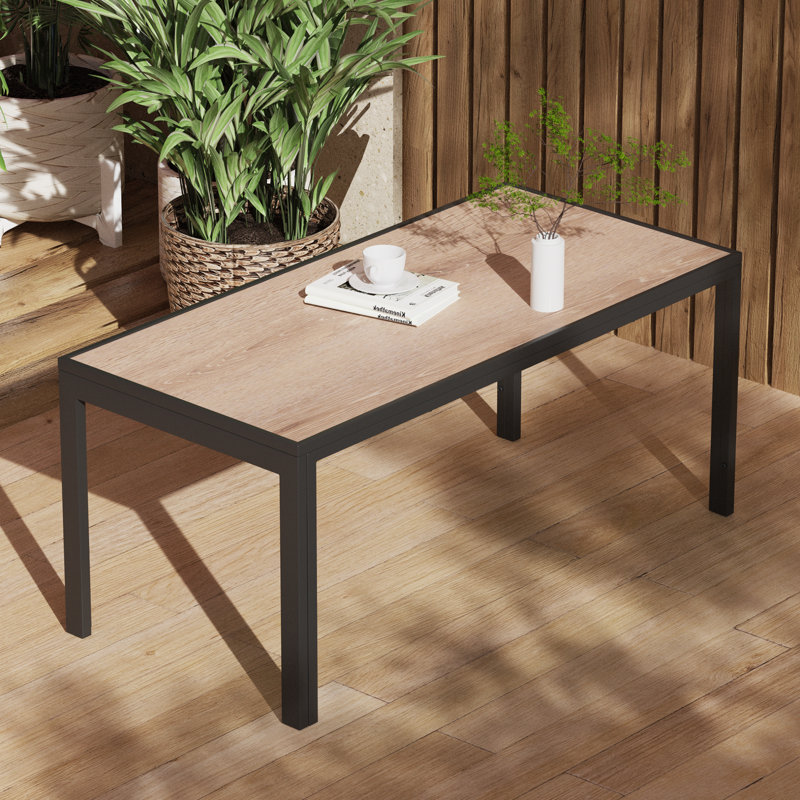 Table de patio rectangulaire, plateau de table en imitation bois pour l'extérieur