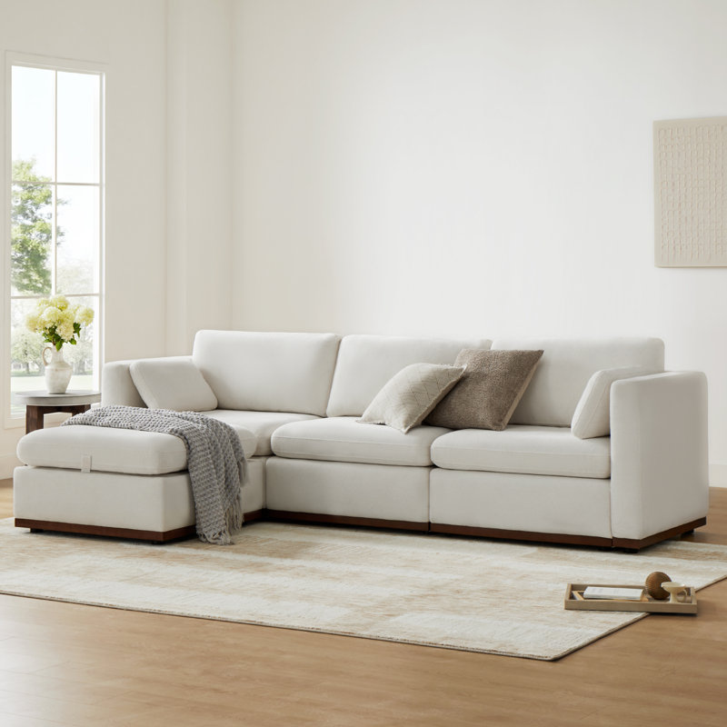 4- Piece Modular Sectional with Ottoman, Cream White Polyester
