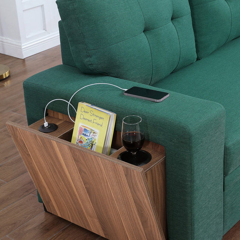 Canapé vert en forme de L avec accents en bois, conception convertible et rangement pour un confort accru et une efficacité accrue