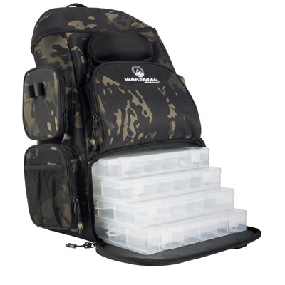 Fishing Backpack with Tackle Boxes, Rod Holders, 7 Zippered Storage Pockets and Water-Resistant Cover - Tactical Backpack Tackle Bag for Fishing Gear and Equipment (Camo Black)