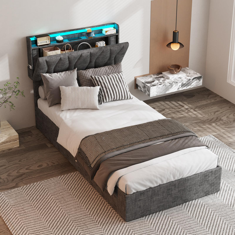 Lit plateforme tapissier Helmgard, Gris foncé, Lit simple