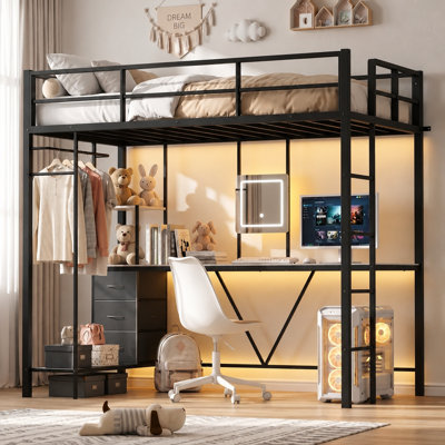 Twin Loft Bed with Desk Vanity and Storage Drawers Built-in Charging & Lights