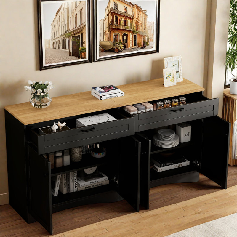Farmhouse Sideboard With Adjustable Shelves And Rustic Handles, Black