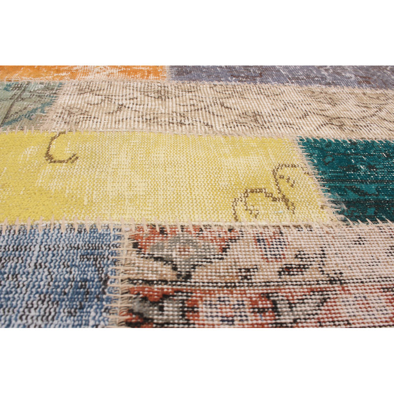Tapis décoratif en laine noué à la main de conception unique noué à la main New Age 5 pi 7 po x 7 pi 9 po en bleu/beige/turquoise