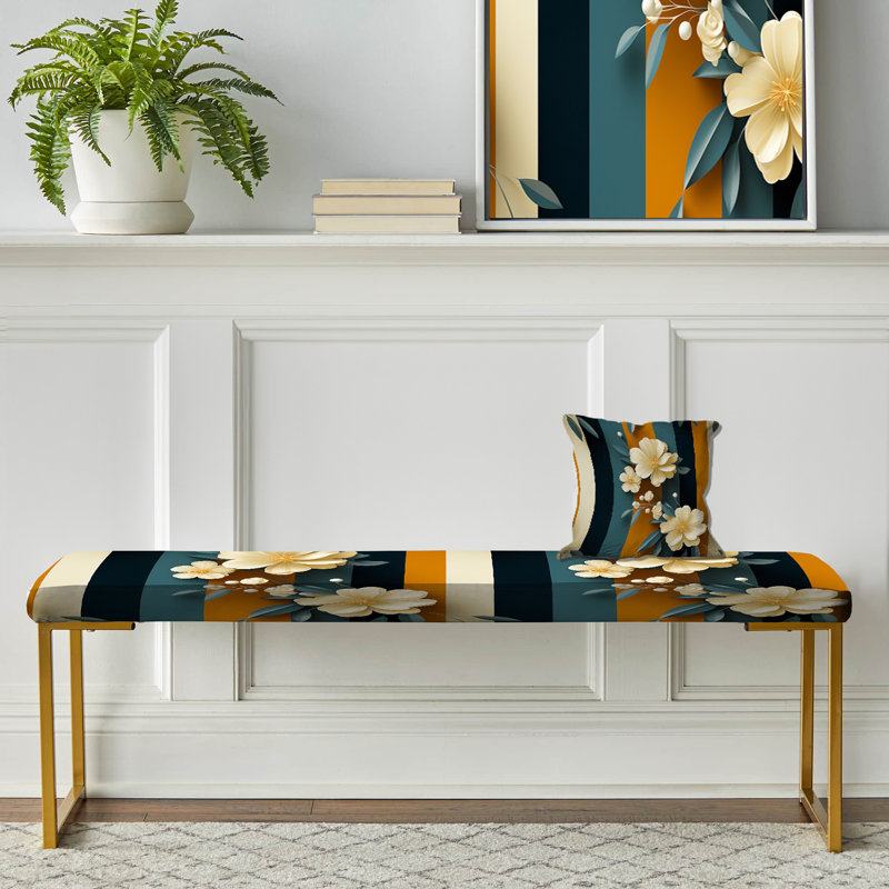 Striped Upholstered Gold Bench, Classic Elegant Floral Striped Serenity I