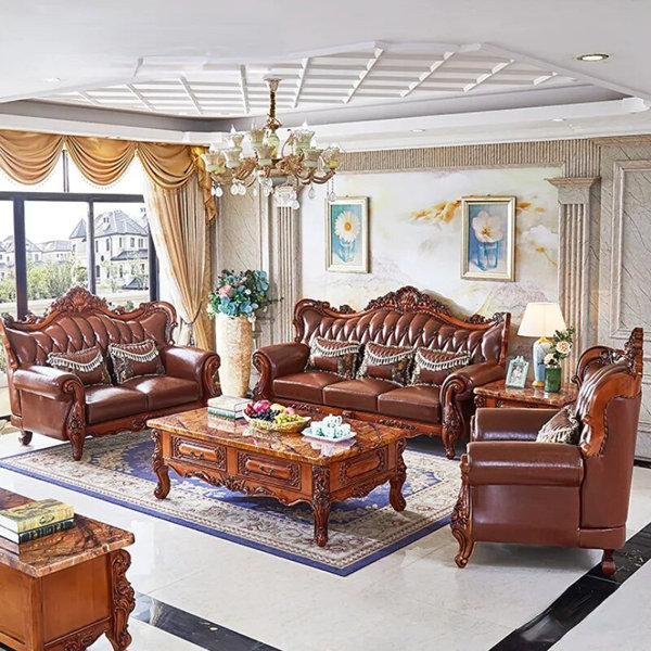 World Menagerie European Luxury Genuine Leather Living Room Sofa Set ...