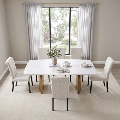 Ensemble de table de salle à manger rectangulaire en pierre frittée de 78 pouces avec 6 chaises beiges à dossier haut