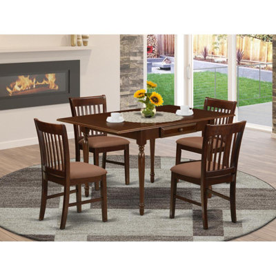 Ensemble de table de salle à manger 5 pièces moderne comprenant une table rectangulaire en bois avec Dropleaf et 4 chaises de salle à manger en tissu de lin, acajou