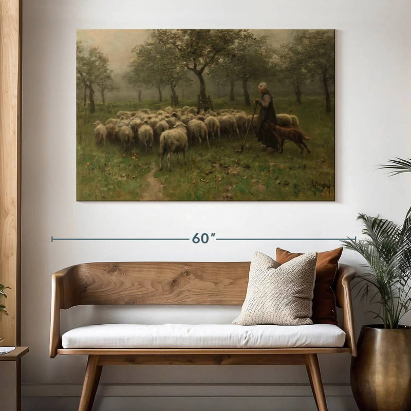 Bergère avec un troupeau de moutons, H 34 po x l 51 po