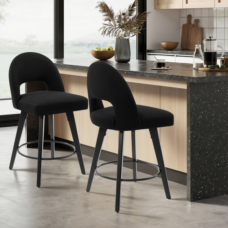 26" Upholstered Swivel Counter & Bar Stool with Solid Wood Frame, Black