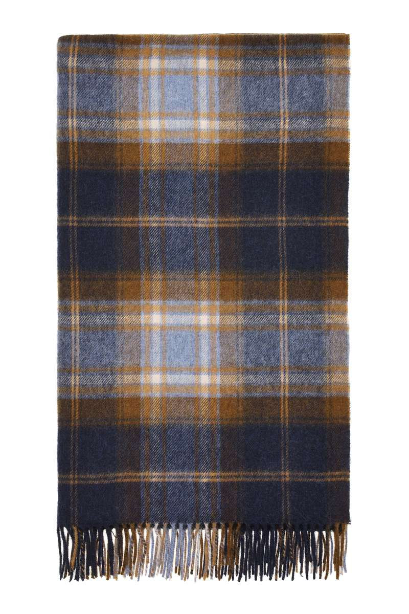 Merino Lambswool Throw/Blankets Hand Woven Blanket, Blue/Orange/Navy Checkered