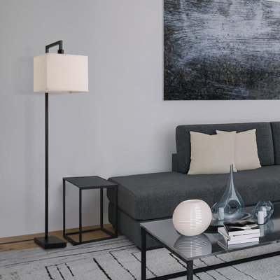 Lampe sur pied moderne 60 po, corps noir mat avec abat-jour en tissu blanc, lampe de lecture pour bureau à domicile
