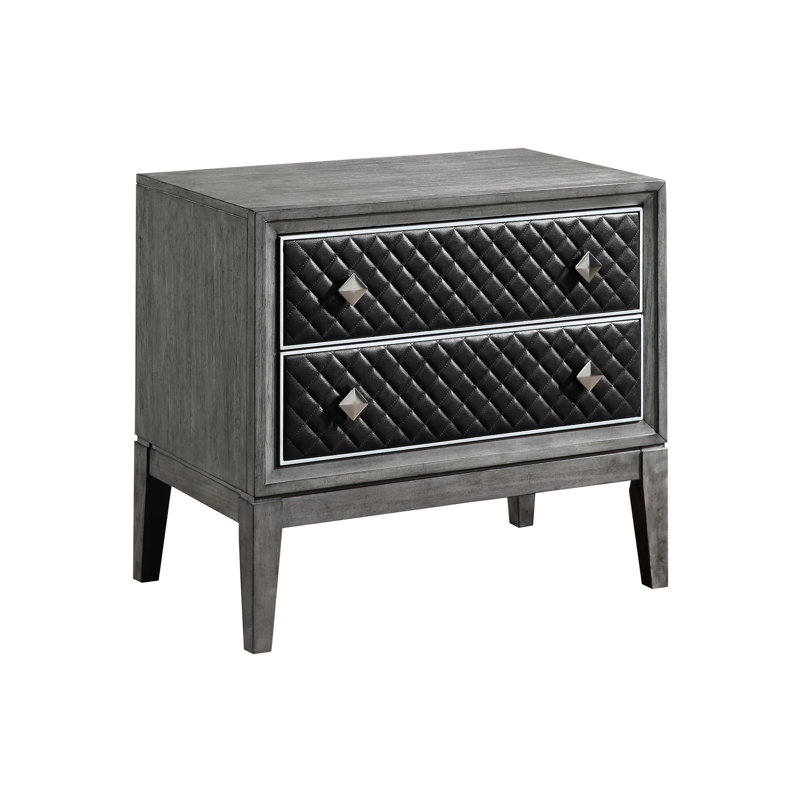 Table de chevet de chambre à coucher en gris - 2 tiroirs, revêtement en similicuir, 2 armoires au look moderne, placage de bouleau