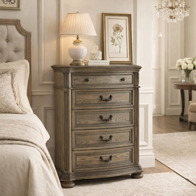 Arie Tall Dresser Chest, 5 Drawers With Aged Bronze Handles, Light Brown