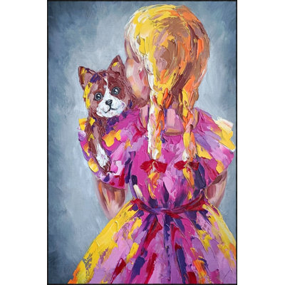 Pink Girl in Dress and Cat Patterned Woven Base Machine Washable Rug