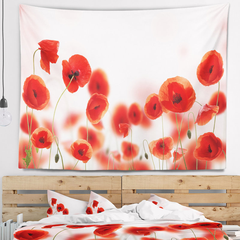 Tapisserie fleurs de pavot sur fond rose, H 32 po x l 39 po