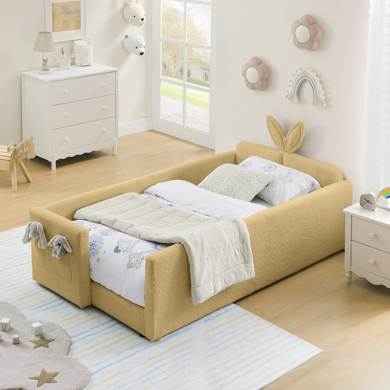 Boucle Upholstered Platform Bed with Cute Rabbit Ear Shaped Headboard, Baby Blue