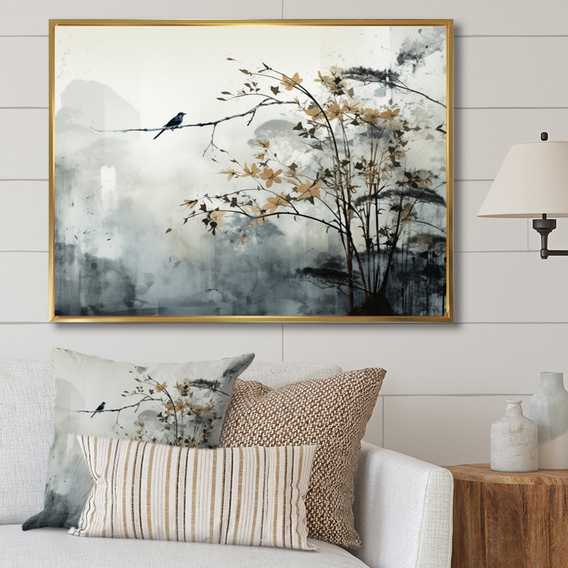 «Asian Art Sumi Bird Serenity XVII», art mural asiatique, 16" H x 32" W, Cadre flottant doré
