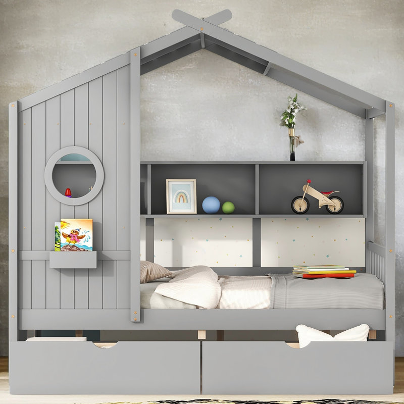 Lit en bois avec 2 tiroirs, lit pour enfant avec tablette de rangement, Lit double, Gris