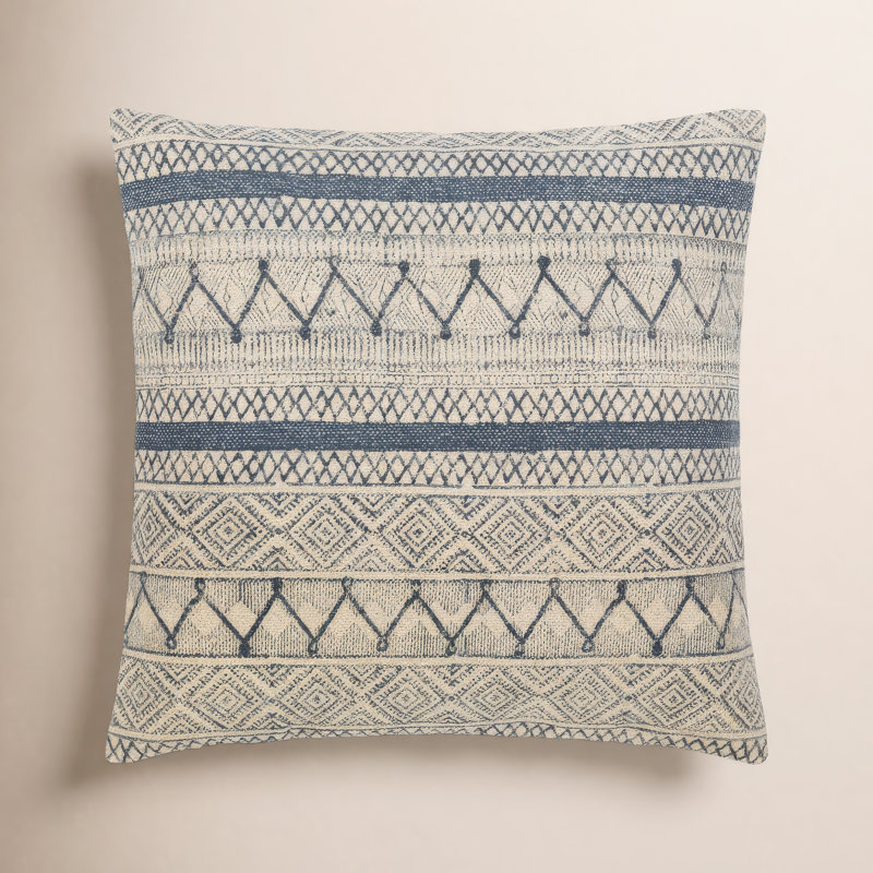 Oreiller carré en coton Zetta, Housse de coussin seulement - sans coussin, 18 po x 18 po, Beige clair / bleu foncé