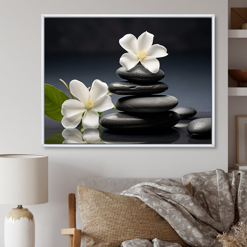 «Zen Black River Stone Blooming Magnolias», reproduction sur toile Lily, Cadre flottant blanc, H 12 po x l 20 po x P 1 po