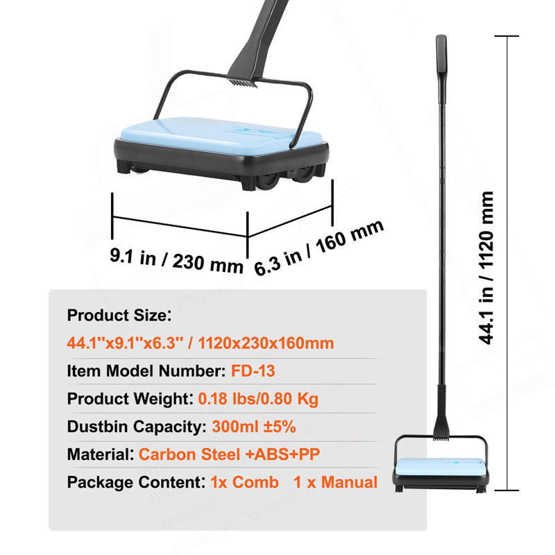 Carpet Floor Sweeper Manual 6.7 Inch Width Sweeping Paths Non Electric Blue, Blue