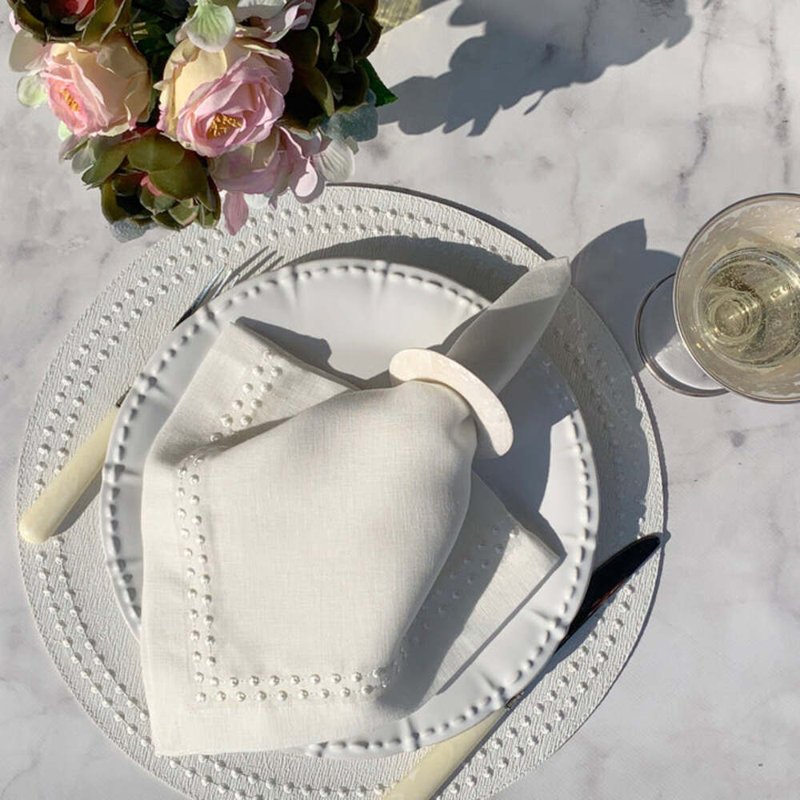 Pearls Linen Square Napkin, White/Black