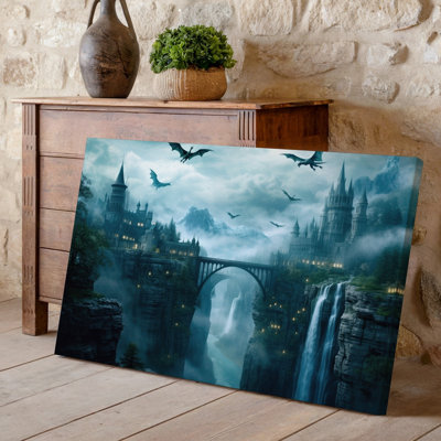Canvas A Breathtaking Fantasy Landscape Showcasing A Dramatic Mist Shrouded Canyon Wall Art With Towering Cliffs On Either Side Canvas Wall Art