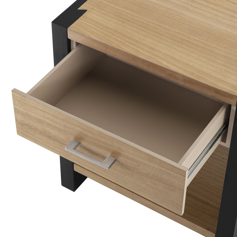 Table de chevet en bois, table de chevet de couleur naturelle et noire, Noir, naturel