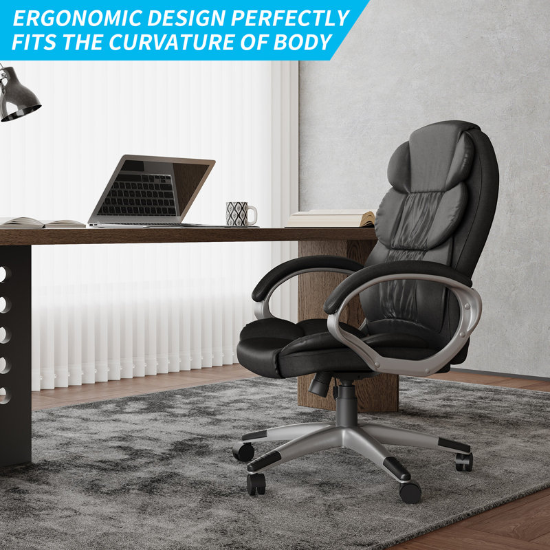 Black Big And Tall Leather Office Chair Adjustable High Back Task Chair With High Back/Footrest/Lumbar Cushion/Adjustable Height
