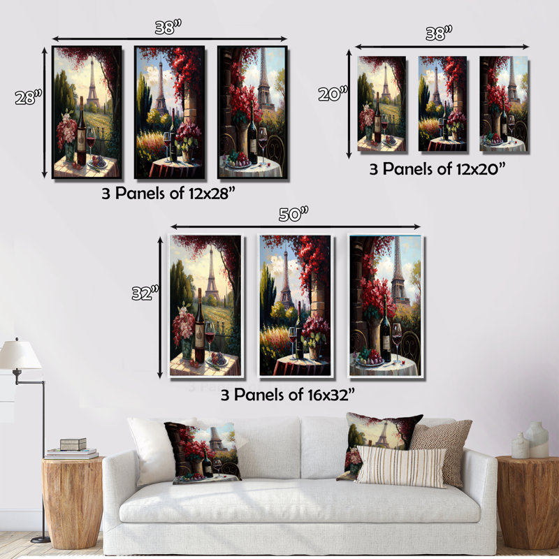 «Savouring Red Wine By The Paris Eiffel Tower», 3 pièces, Toile tendue, H 40 po x l 60 po