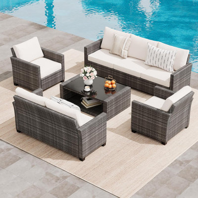 Ensemble de meubles de patio 5 pièces 7 pièces - Canapé modulaire en osier de rotin avec coussins imperméables et table basse