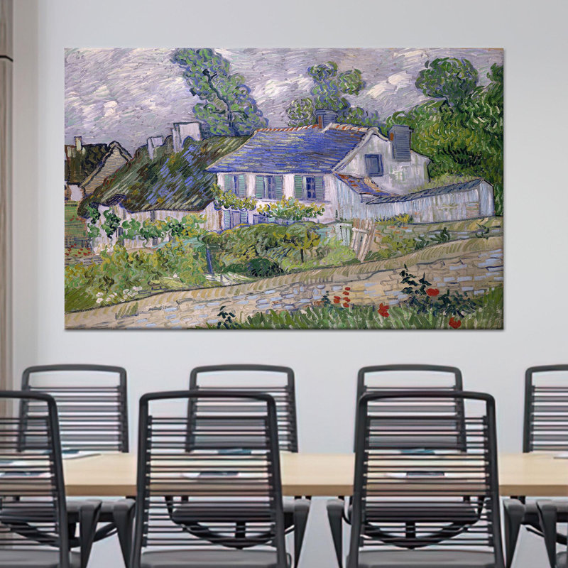 Impression sur toile de paysage impressionniste rétro: Van Gogh Village House, 1P WhiteFramedCanves, 47,3 po H x 67 po l