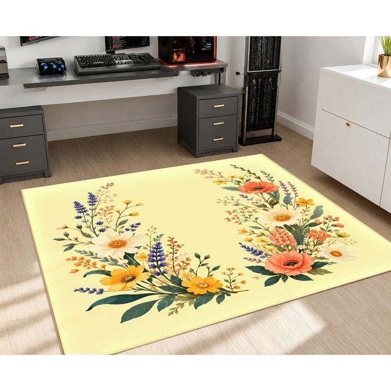 Tapis floral fond aquarelle Bloom Vibrant, Rectangle 5 pi 3 po x 3 pi 3 po (160 x 100 cm)