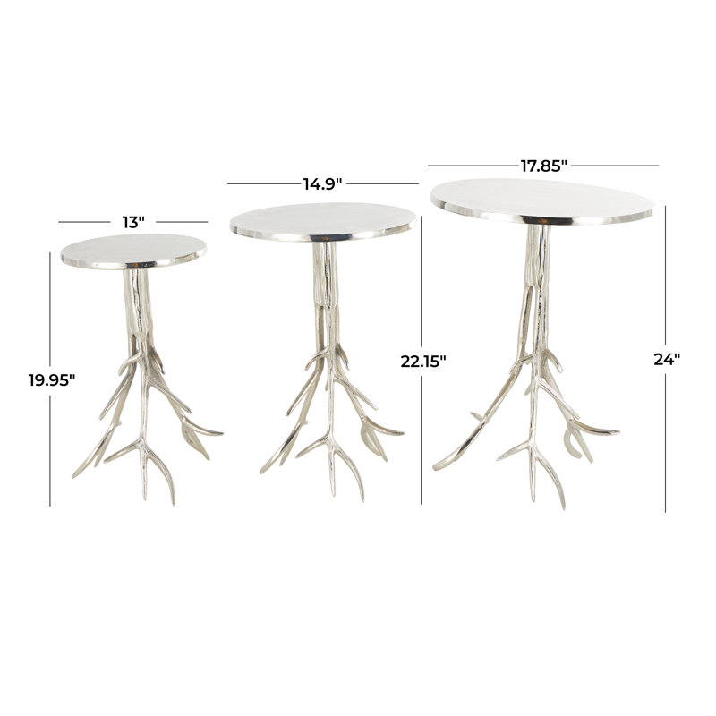 Rosalyn Aluminum Metal Side End Silver Accent Table with Textured Tree Branch Legs Set, Silver
