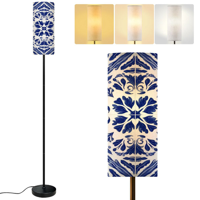 PeeNoke 68.5" Standing Floor Lamp tiles floral blue white decorative decor Portugal Dimmable Metal Pole Lamp with Linen Lampshade LED Bulb Included
