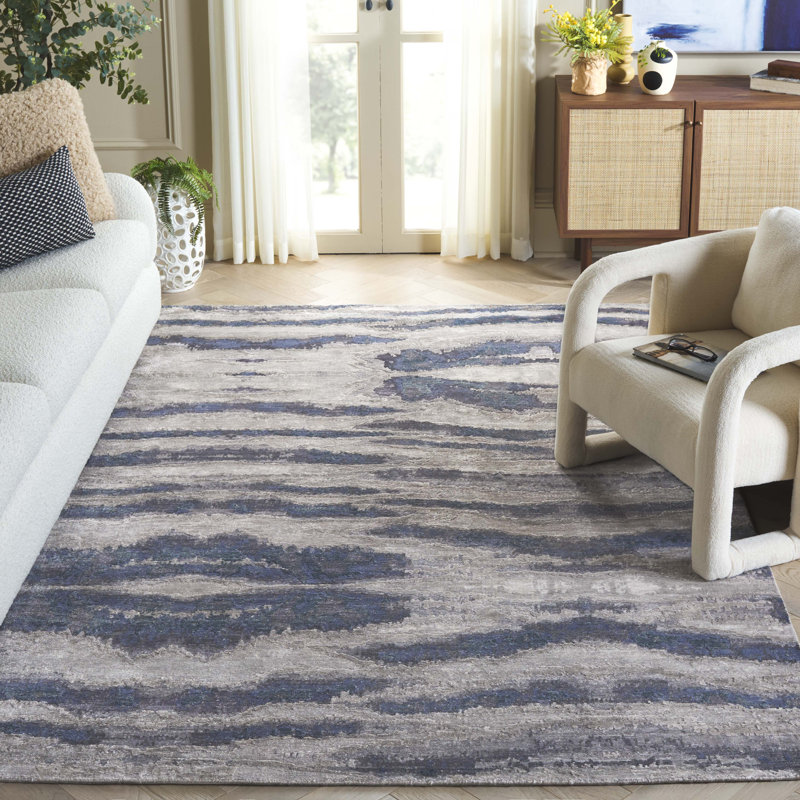 Tapis abstrait gris / bleu marine noué à la main, Rectangle 6 pi x 9 pi