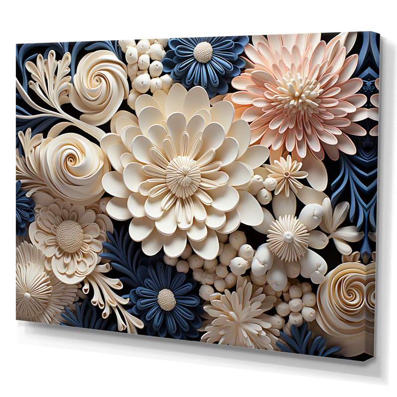 Collage de fleurs de corail blanc et bleu sur toile, H 30 po x l 40 po x P 1,5 po, Toile tendue