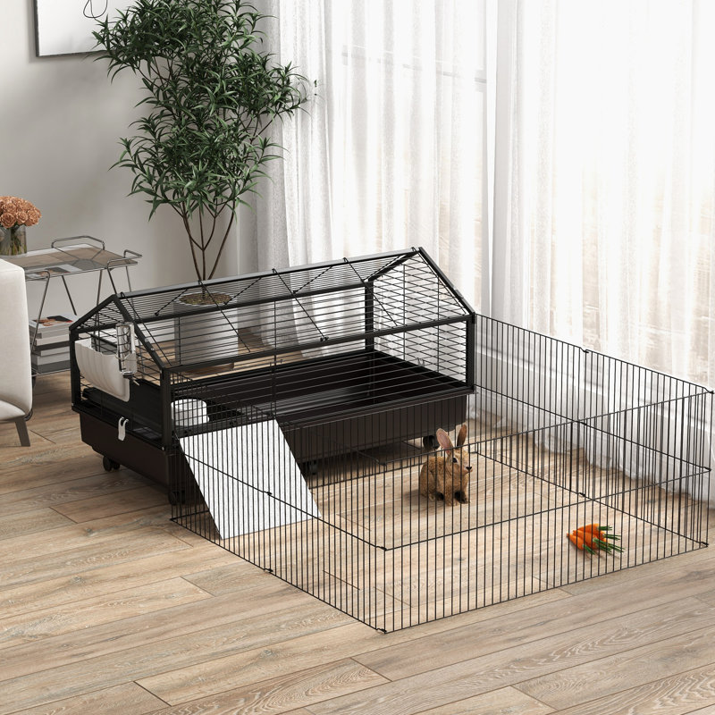 Cage à cochons d'Inde roulante - parc pour petits animaux avec aire de jeu pliable et cadre de fontaine alimentaire par des rampes spacieuses et pratiques en acier noir d'eau