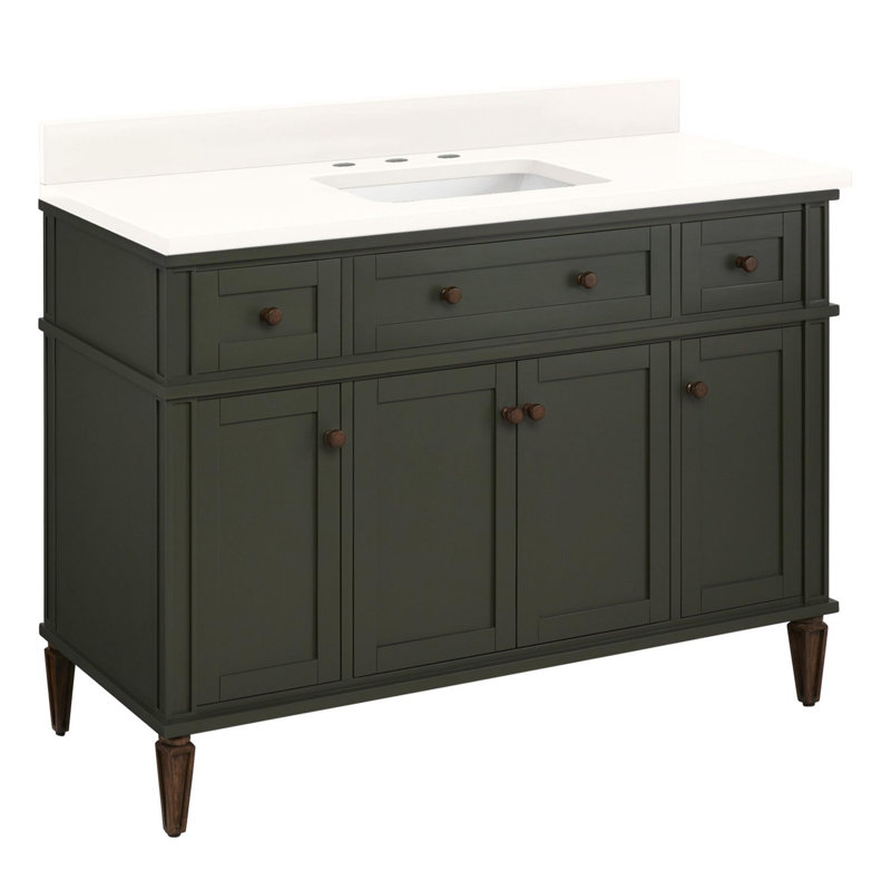 48" Elmdale Vanity for Rectangular Undermount Sink, Arctic White Quartz, Dark Olive Green, 8" Widespread
